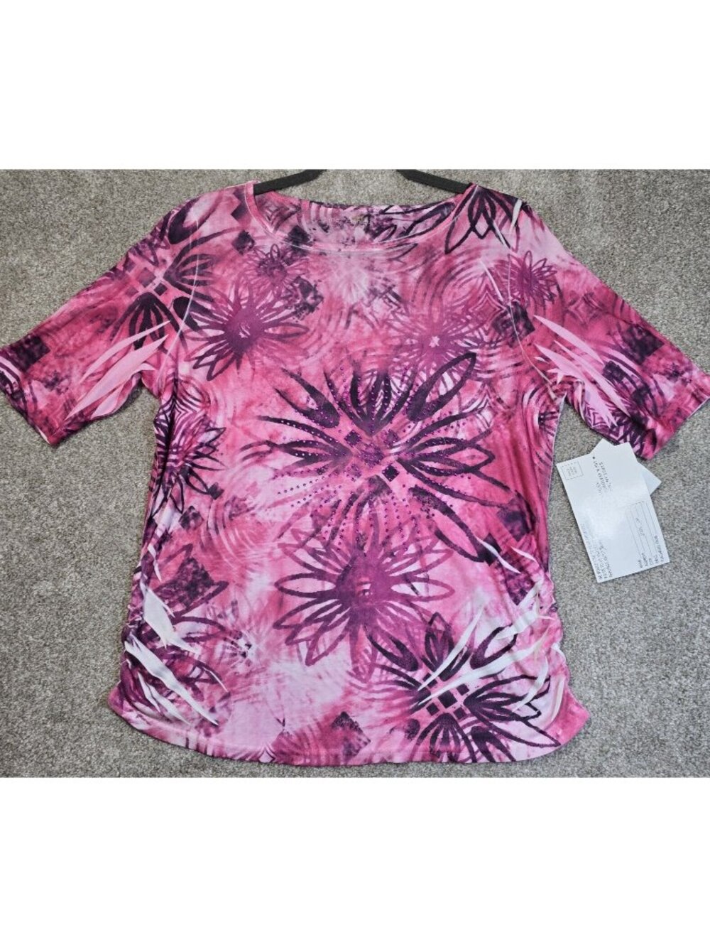 Jane Ashley Shirt Top Cinched Sides Jersey Floral Rhinestones Women's XL NWT